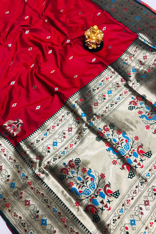 Load image into Gallery viewer, Intricate Red Paithani Silk Saree With Classy Blouse Piece
