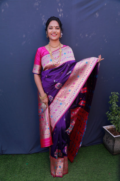 Charming Royal Blue Paithani Silk Saree With Classy Blouse Piece