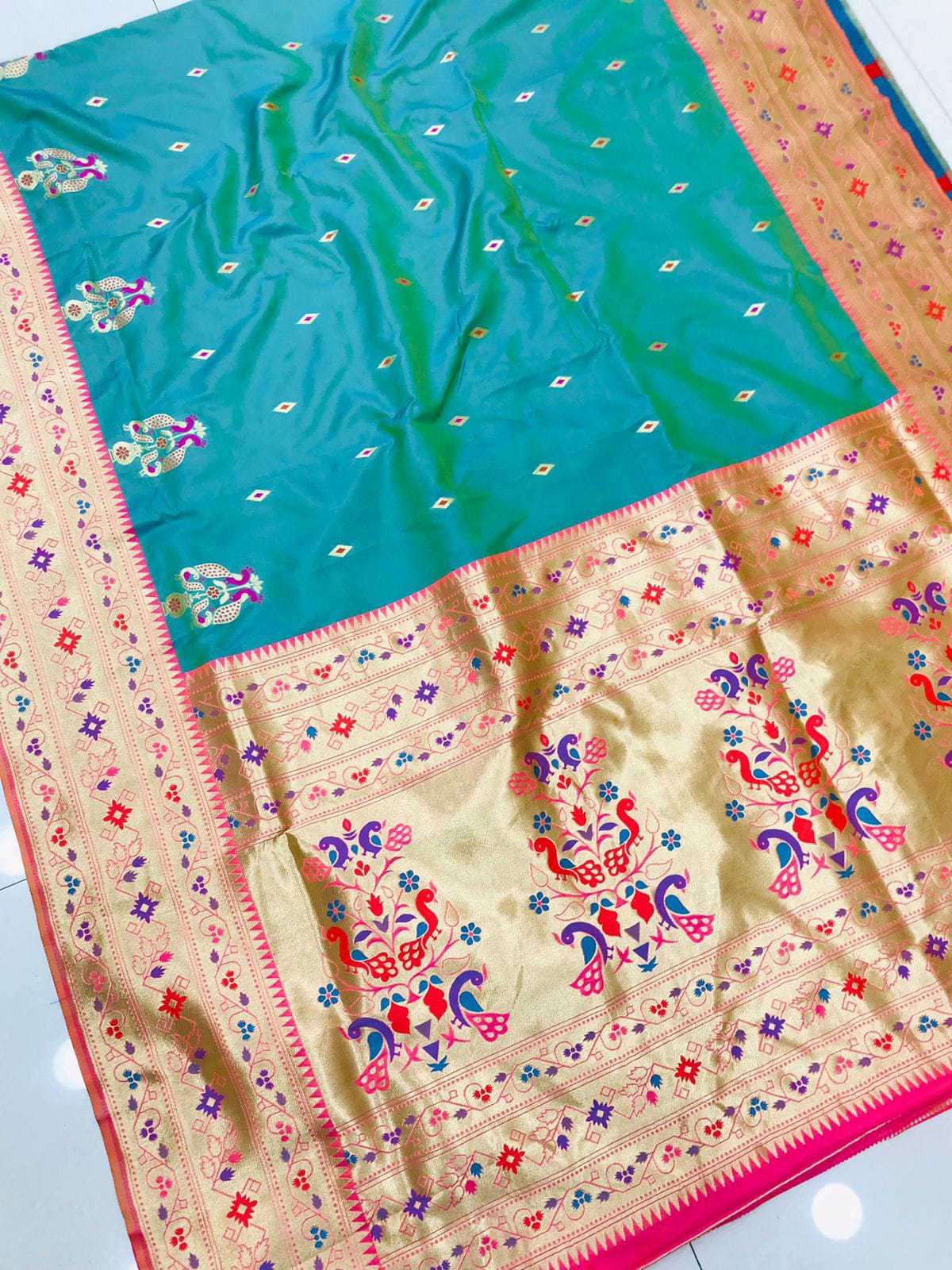 Impressive Turquoise Paithani Silk Saree With Classy Blouse Piece