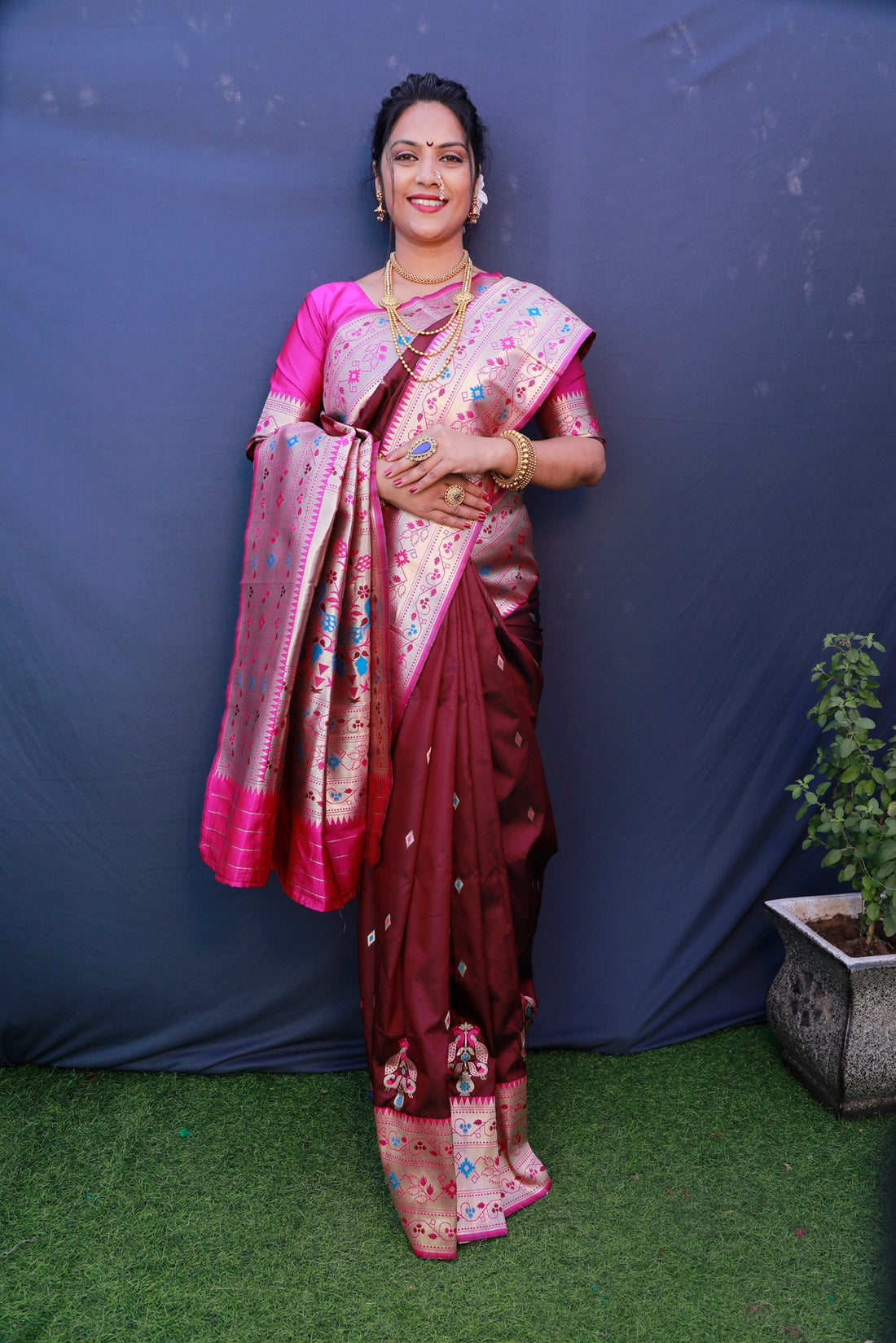 Designer Wine Paithani Silk Saree With Classy Blouse Piece