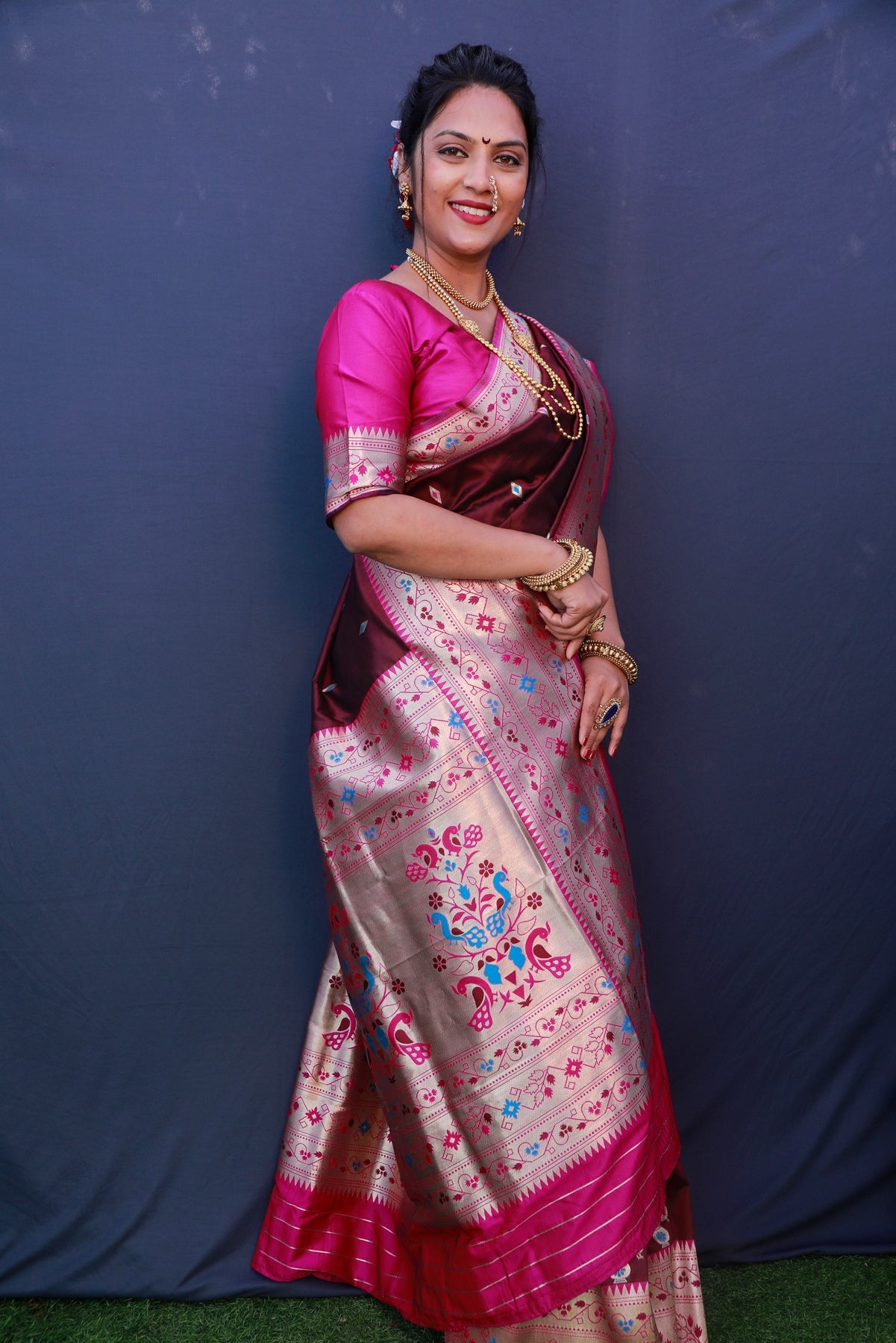 Designer Wine Paithani Silk Saree With Classy Blouse Piece