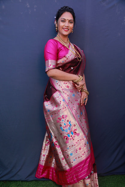 Designer Wine Paithani Silk Saree With Classy Blouse Piece