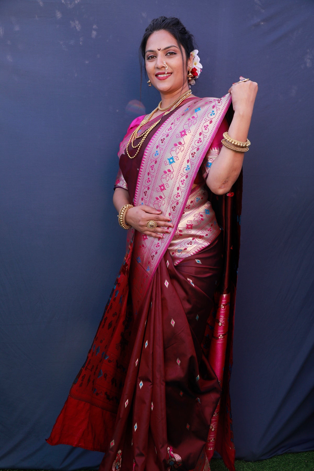 Designer Wine Paithani Silk Saree With Classy Blouse Piece