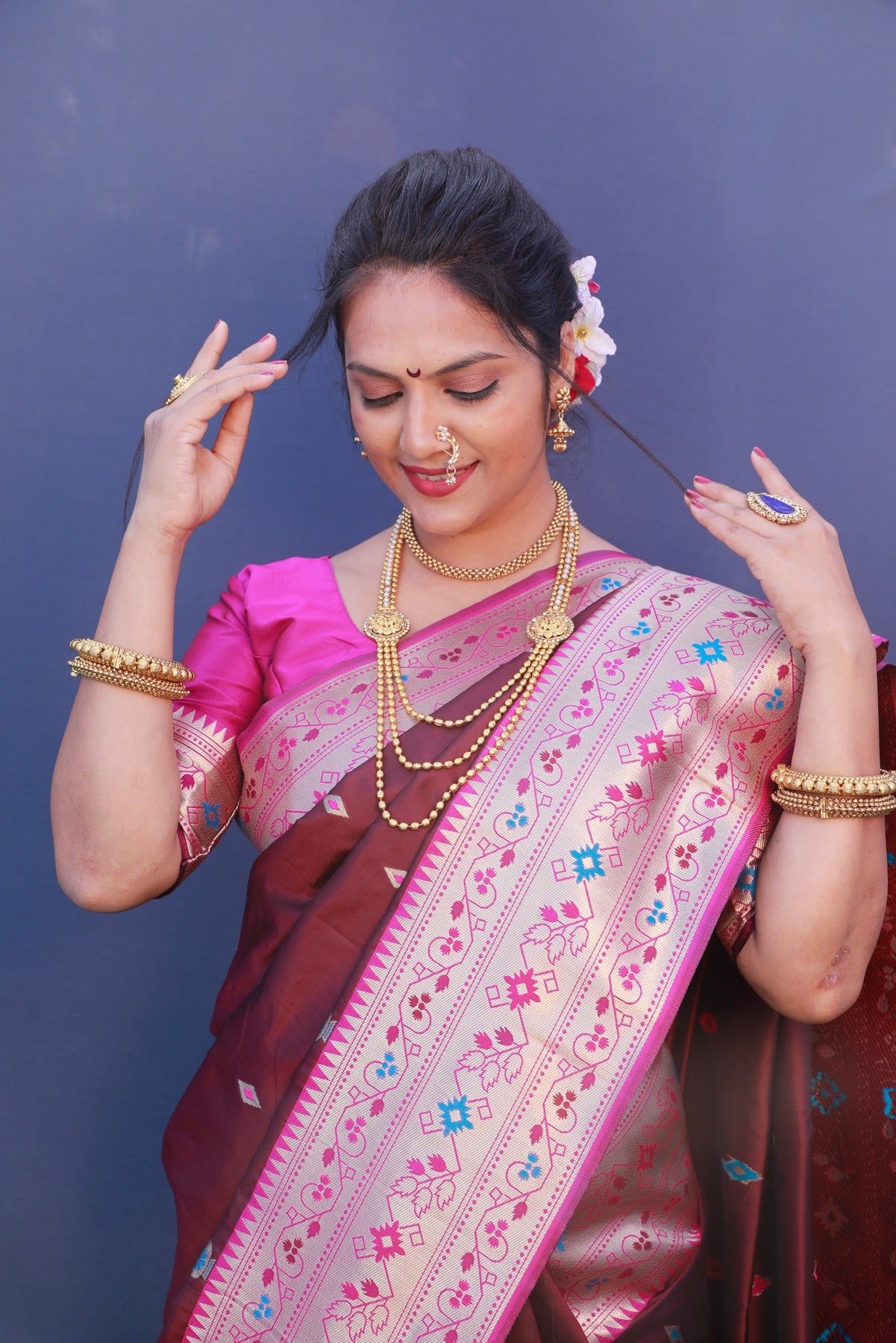 Designer Wine Paithani Silk Saree With Classy Blouse Piece