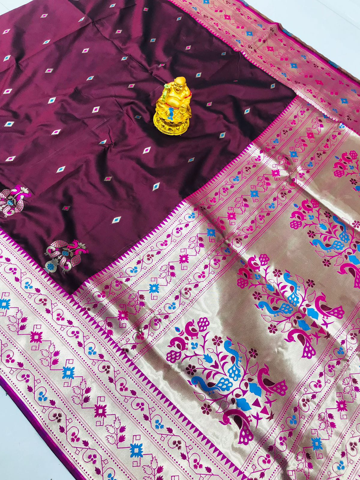 Designer Wine Paithani Silk Saree With Classy Blouse Piece