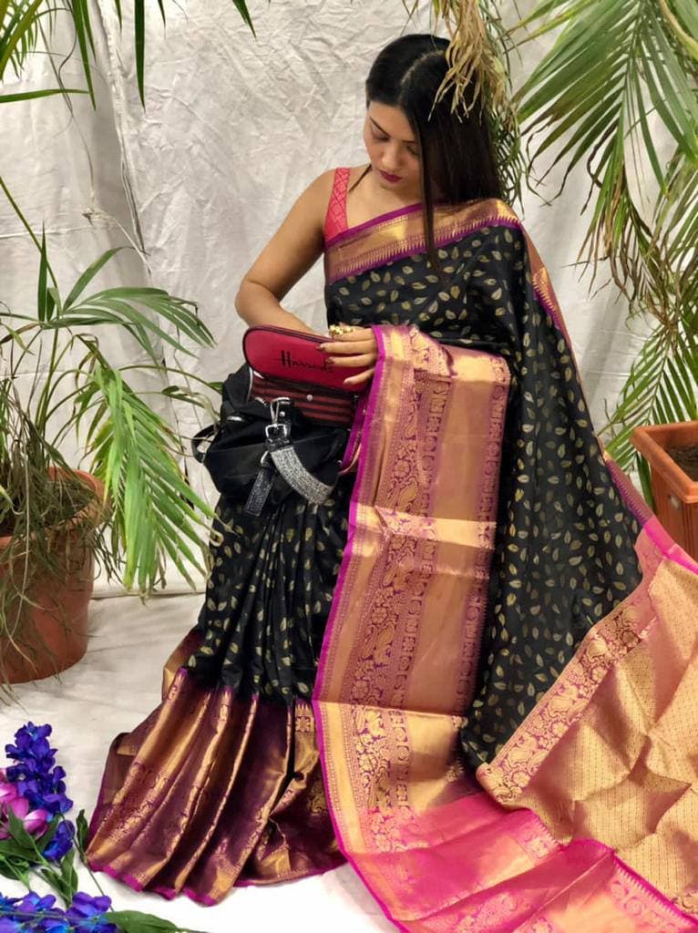 Demesne Black Banarasi Silk Saree With Rich Blouse Piece