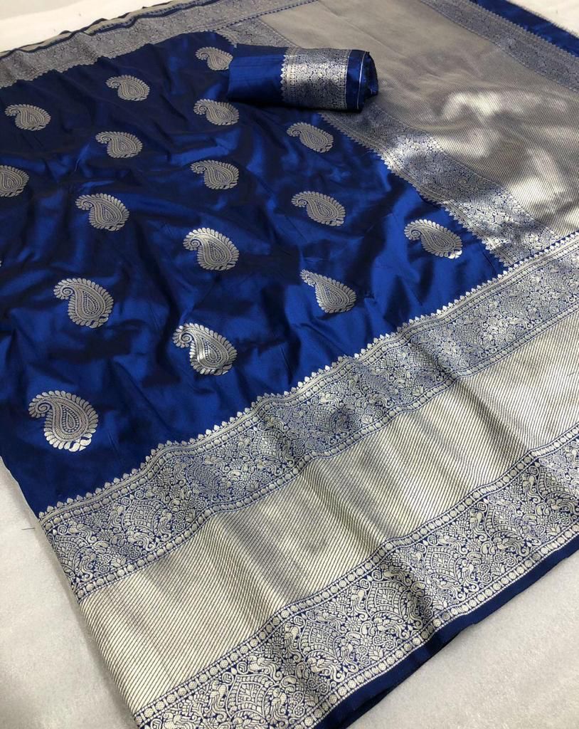 Flamboyant Blue Banarasi Silk Saree With Adorabel Blouse Piece