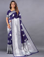 Delightful Navy Blue Banarasi Silk Saree With Adorabel Blouse Piece