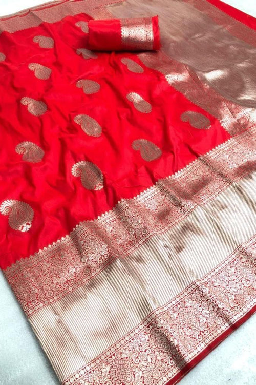 Load image into Gallery viewer, Pleasant Red Banarasi Silk Saree With Adorabel Blouse Piece

