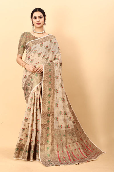 Ailurophile Beige Linen Silk Saree With Sizzling Blouse Piece