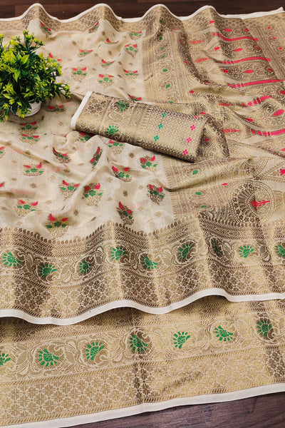 Ailurophile Beige Linen Silk Saree With Sizzling Blouse Piece