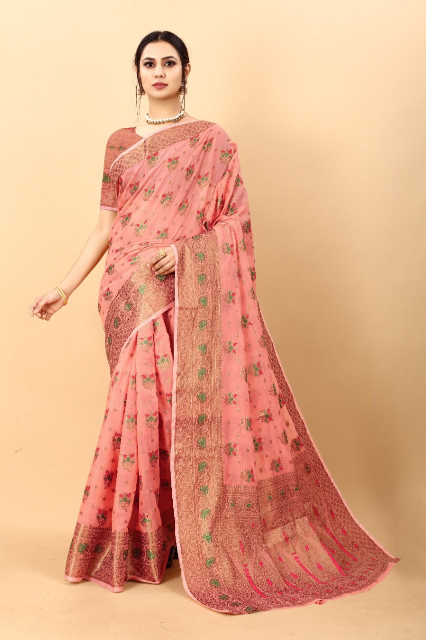 Beleaguer Peach Linen Silk Saree With Sizzling Blouse Piece