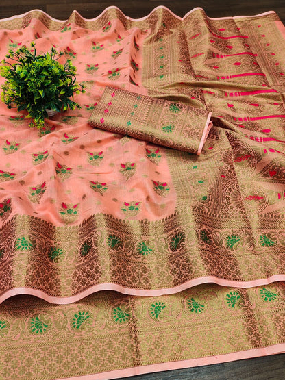 Beleaguer Peach Linen Silk Saree With Sizzling Blouse Piece