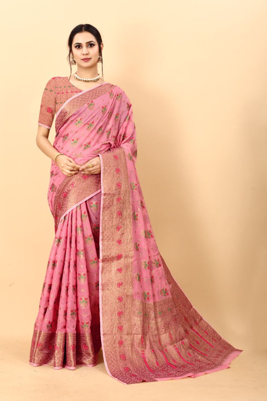 Brood Pink Linen Silk Saree With Sizzling Blouse Piece