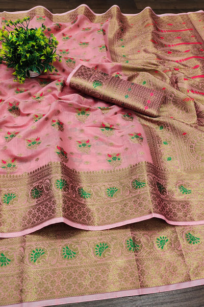 Brood Pink Linen Silk Saree With Sizzling Blouse Piece