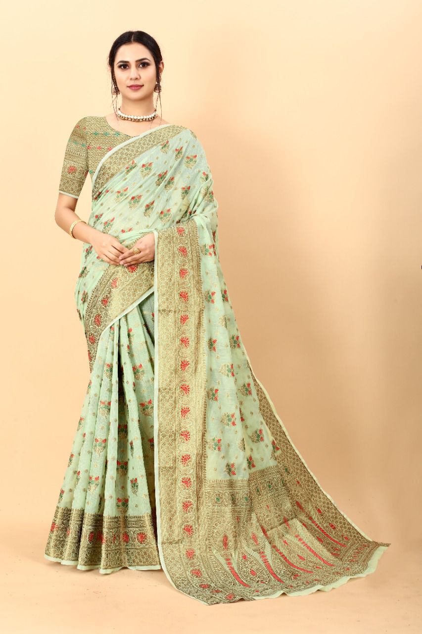Bucolic Pista Linen Silk Saree With Sizzling Blouse Piece