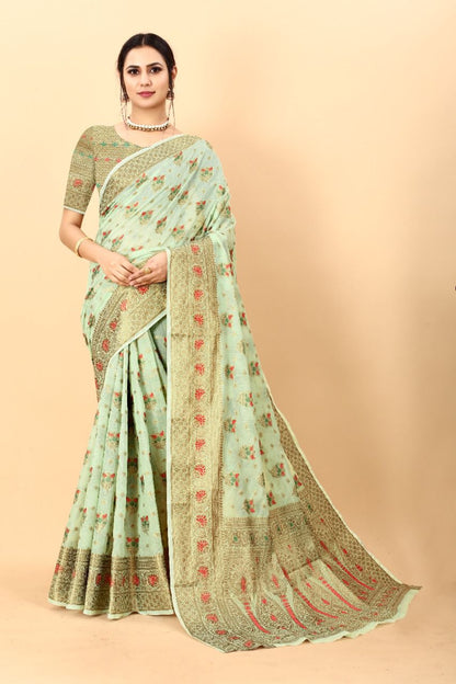 Bucolic Pista Linen Silk Saree With Sizzling Blouse Piece