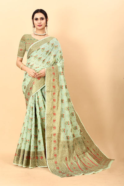 Bucolic Pista Linen Silk Saree With Sizzling Blouse Piece