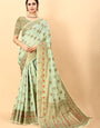 Bucolic Pista Linen Silk Saree With Sizzling Blouse Piece