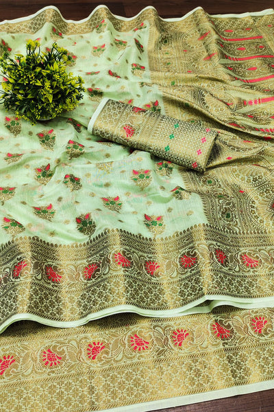 Bucolic Pista Linen Silk Saree With Sizzling Blouse Piece