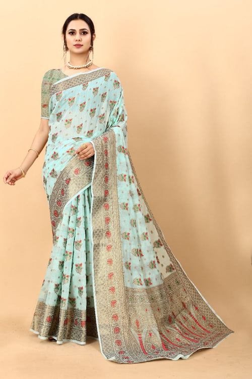 Load image into Gallery viewer, Chatoyant Sky Linen Silk Saree With Sizzling Blouse Piece
