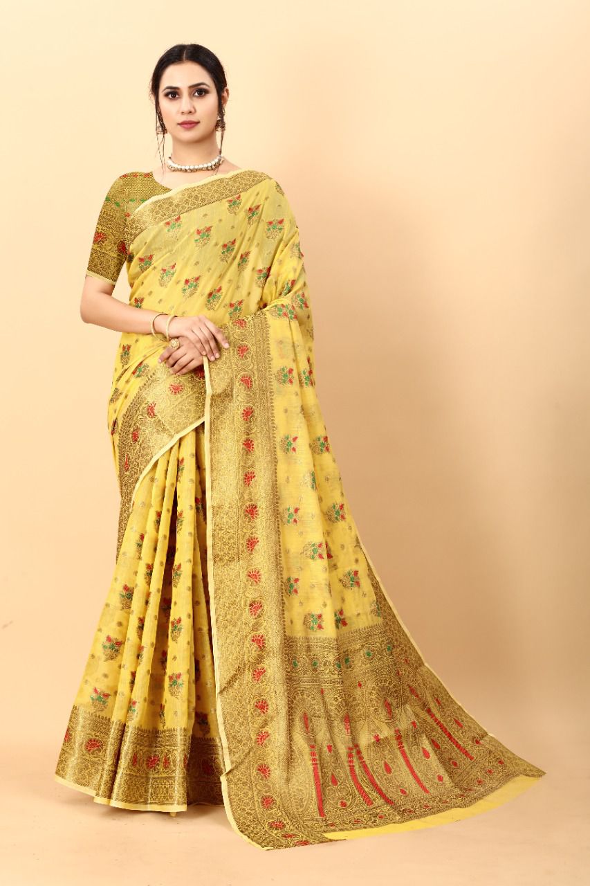 Conflate Yellow Linen Silk Saree With Sizzling Blouse Piece
