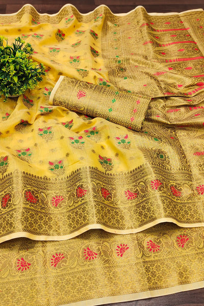 Conflate Yellow Linen Silk Saree With Sizzling Blouse Piece