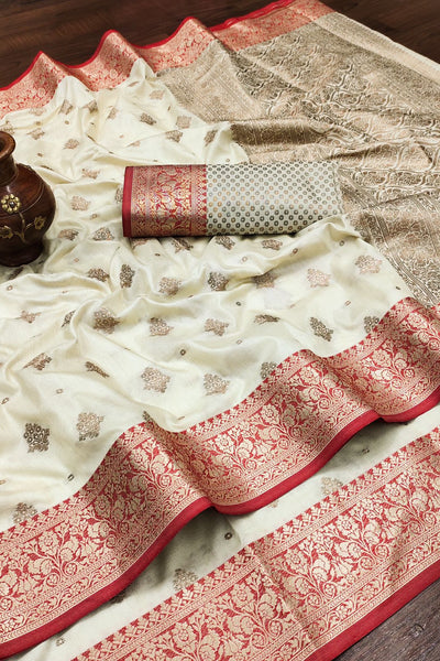 Cynosure Beige Banarasi Silk Saree With Lovely Blouse Piece