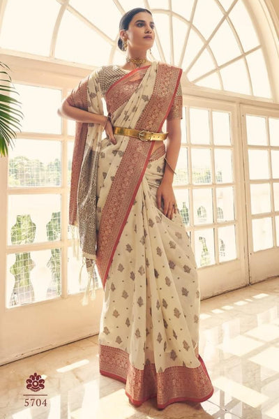 Cynosure Beige Banarasi Silk Saree With Lovely Blouse Piece