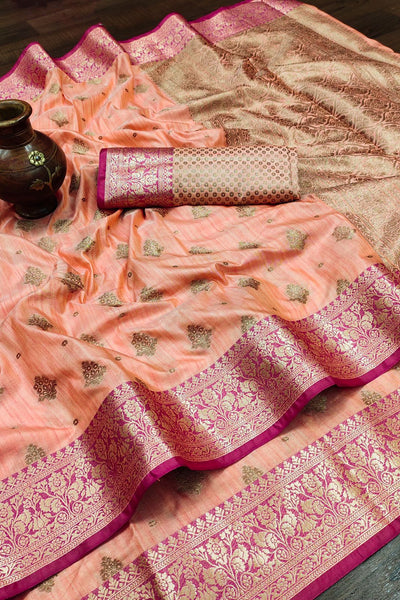 Dalliance Peach Banarasi Silk Saree With Lovely Blouse Piece