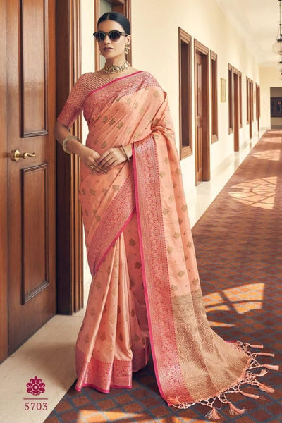 Dalliance Peach Banarasi Silk Saree With Lovely Blouse Piece