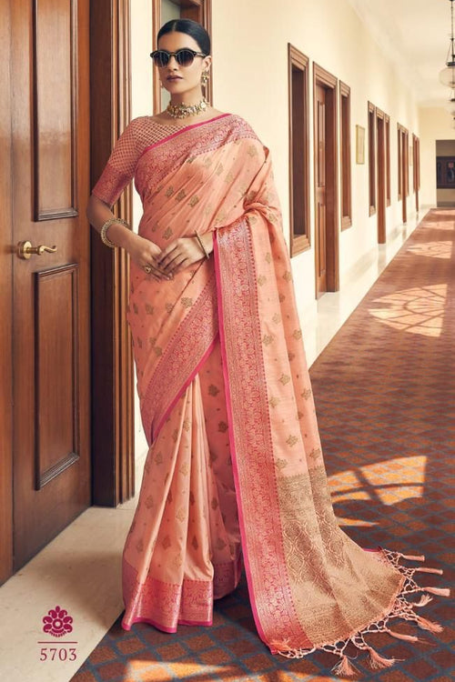 Load image into Gallery viewer, Dalliance Peach Banarasi Silk Saree With Lovely Blouse Piece
