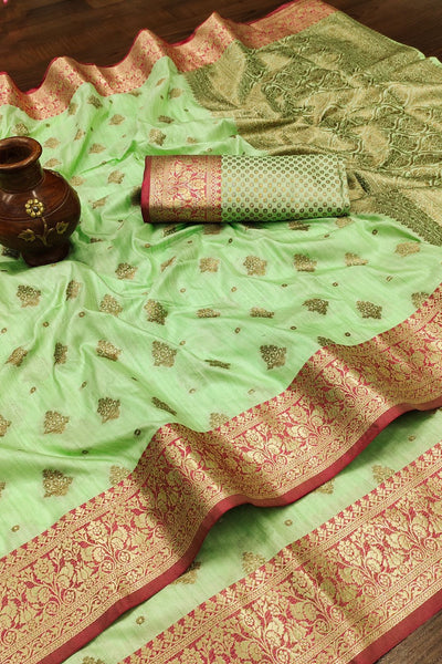 Demure Pista Banarasi Silk Saree With Lovely Blouse Piece