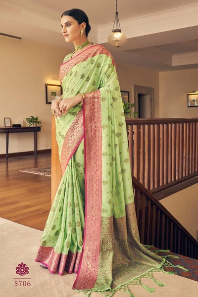 Demure Pista Banarasi Silk Saree With Lovely Blouse Piece