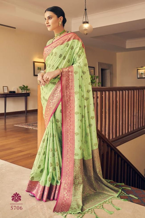 Load image into Gallery viewer, Demure Pista Banarasi Silk Saree With Lovely Blouse Piece

