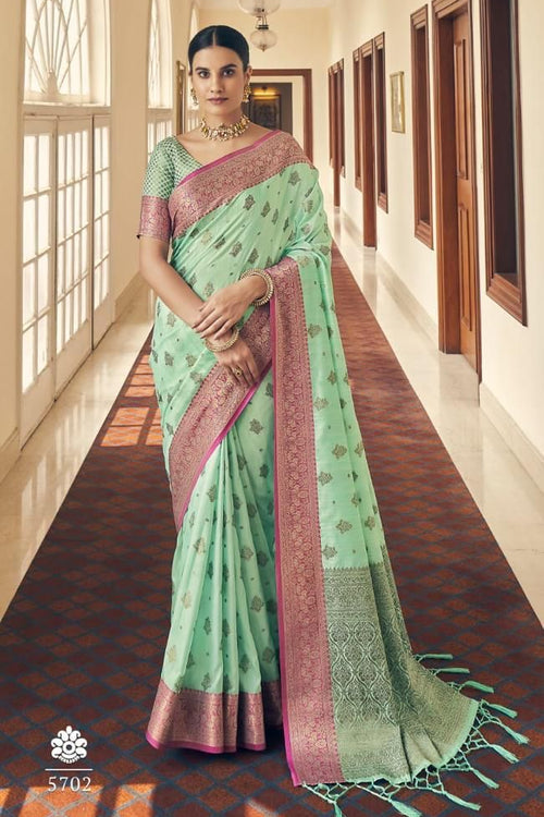 Load image into Gallery viewer, Desuetude Sky Banarasi Silk Saree With Lovely Blouse Piece
