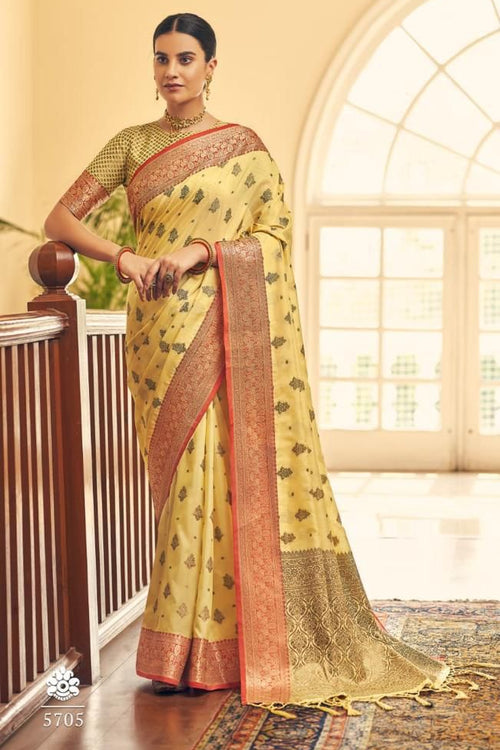 Load image into Gallery viewer, Desultory Yellow Banarasi Silk Saree With Lovely Blouse Piece
