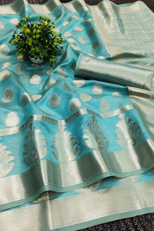 Load image into Gallery viewer, Snappy Firozi Orgeanza Silk Saree With Comely Blouse Piece

