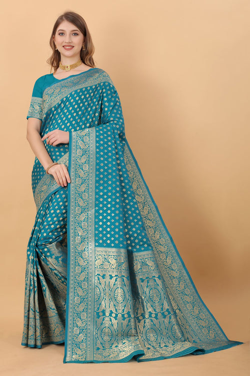 Load image into Gallery viewer, Delightful Firozi Banarasi Silk Saree With Panoply Blouse Piece
