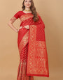 Prettiest Red Banarasi Silk Saree With Panoply Blouse Piece