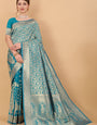 Exceptional Firozi Banarasi Silk Saree With Extraordinary Blouse Piece