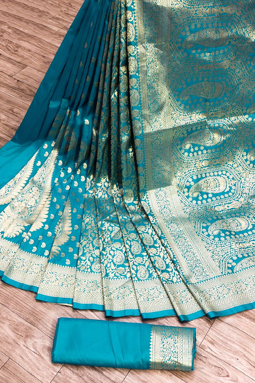 Load image into Gallery viewer, Exceptional Firozi Banarasi Silk Saree With Extraordinary Blouse Piece
