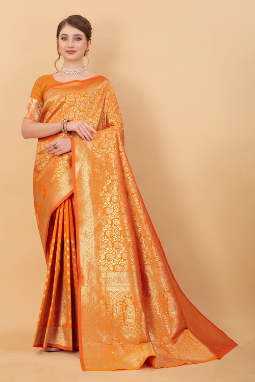 Load image into Gallery viewer, Majesty Mustard Banarasi Silk Saree With Extraordinary Blouse Piece
