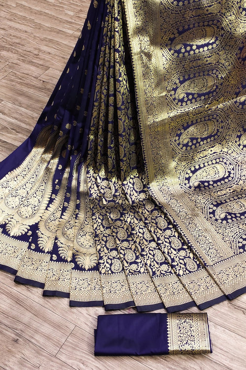 Load image into Gallery viewer, Prominent Navy Blue Banarasi Silk Saree With Extraordinary Blouse Piece
