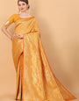 Preferable Yellow Banarasi Silk Saree With Extraordinary Blouse Piece