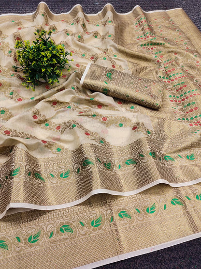 Blissful Beige Linen Silk With Stylish Blouse Piece