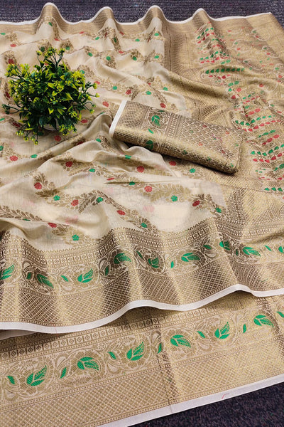 Blissful Beige Linen Silk With Stylish Blouse Piece