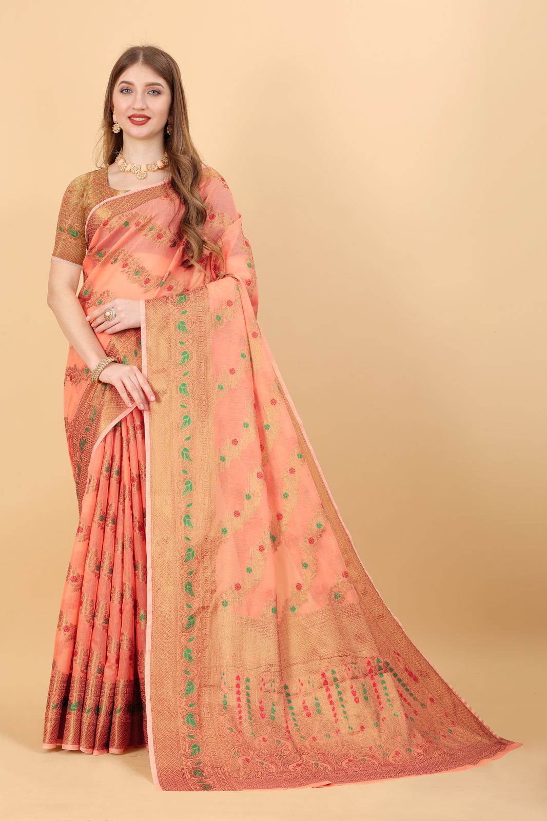 Flamboyant Peach Linen Silk With Stylish Blouse Piece
