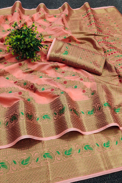 Flamboyant Peach Linen Silk With Stylish Blouse Piece