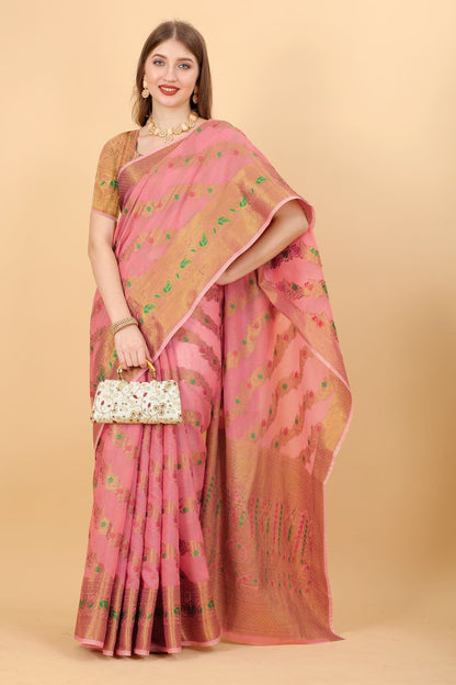 Preferable Pink Linen Silk With Stylish Blouse Piece